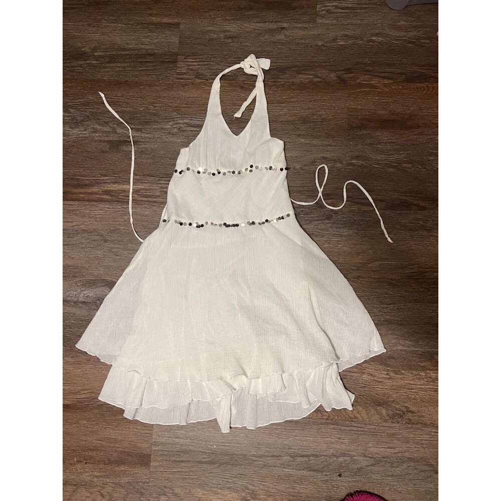 Girls Halter White/Cream Summer Dress W/ Gold Sequins Sz 14